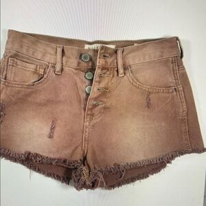 High-Waist Frayed Hem Athletic Denim Shorts - Brown